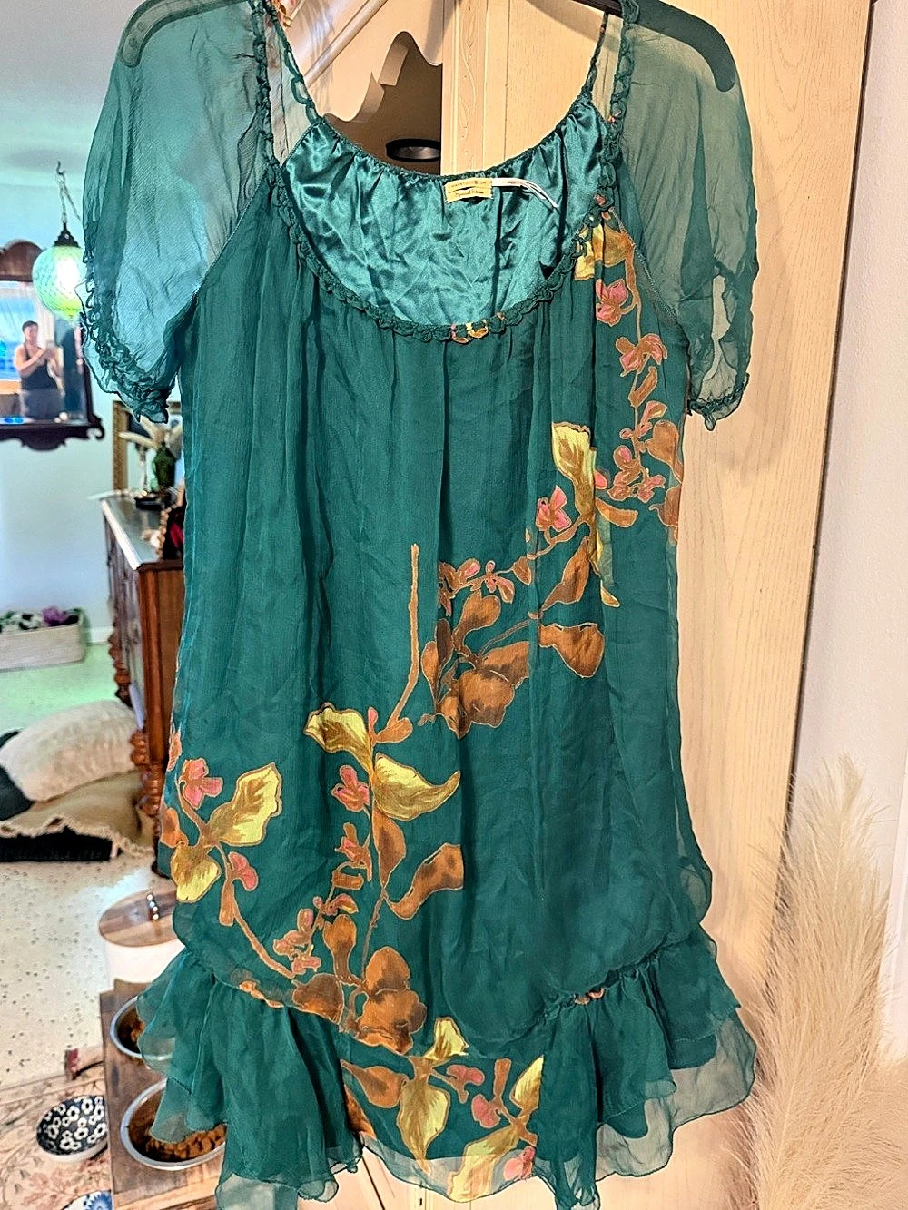 Max Studio Special Edition Floral Silk Mini Dress in Green Like New